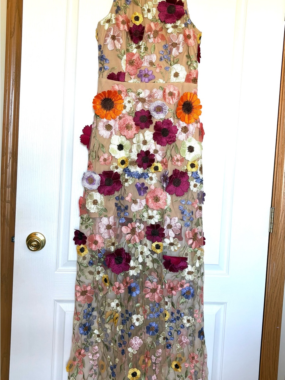 Floral Embroidered Sleeveless Kids Dress in Beige with Multi-Color Flowers